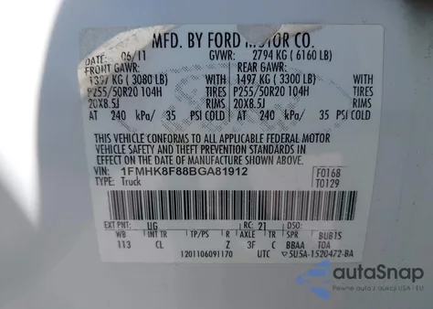 2011 Ford Explorer Limited z USA, uszkodzony, nr VIN 1FMHK8F88BGA81912